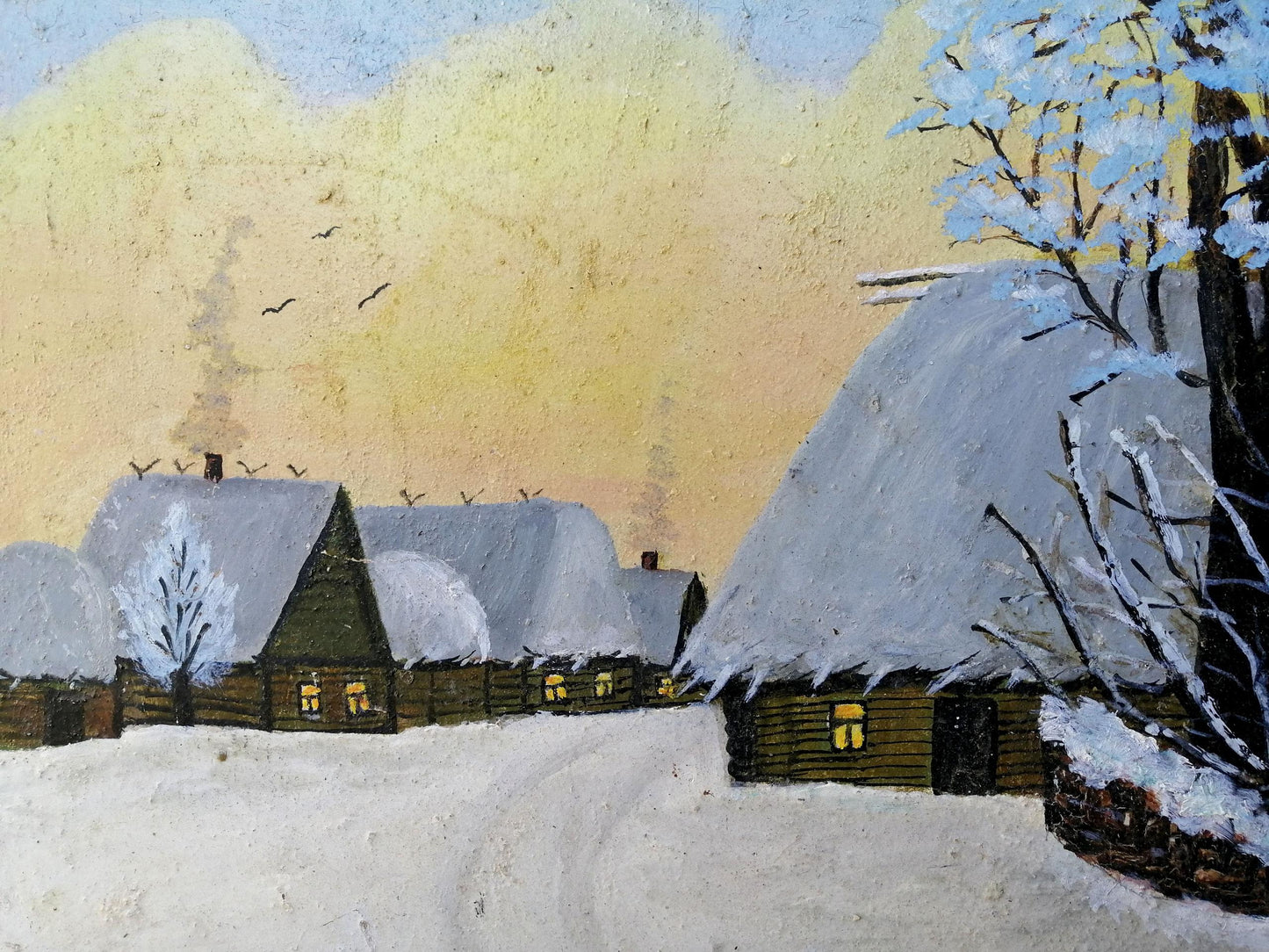 Oil painting Winter evening in the village Unknown artist