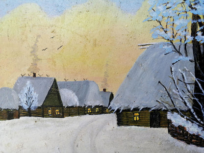 Oil painting Winter evening in the village Unknown artist
