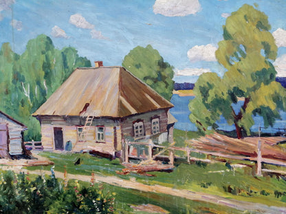 Oil painting Village near the river Unknown artist