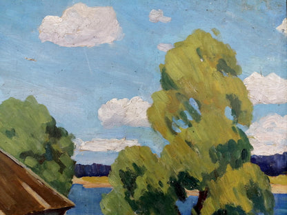 Oil painting Village near the river Unknown artist