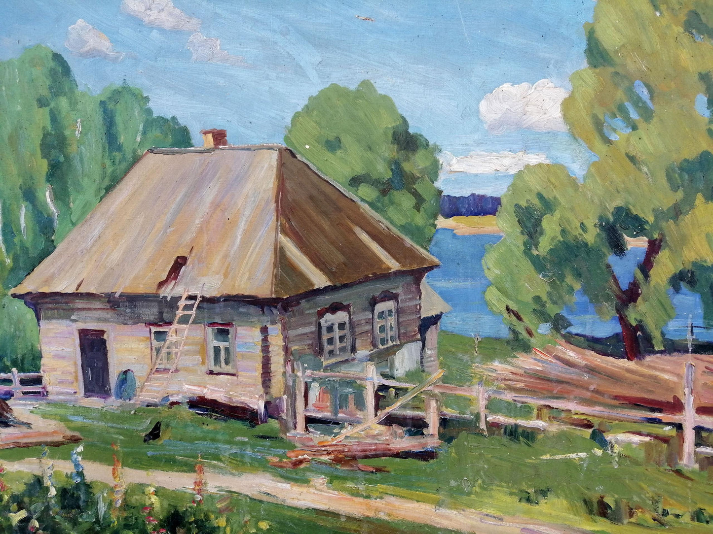 Oil painting Village near the river Unknown artist