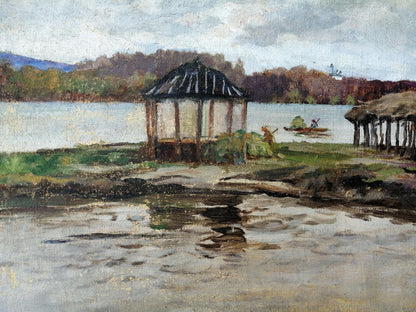 An oil painting titled "Rest by the River" by an unknown artist