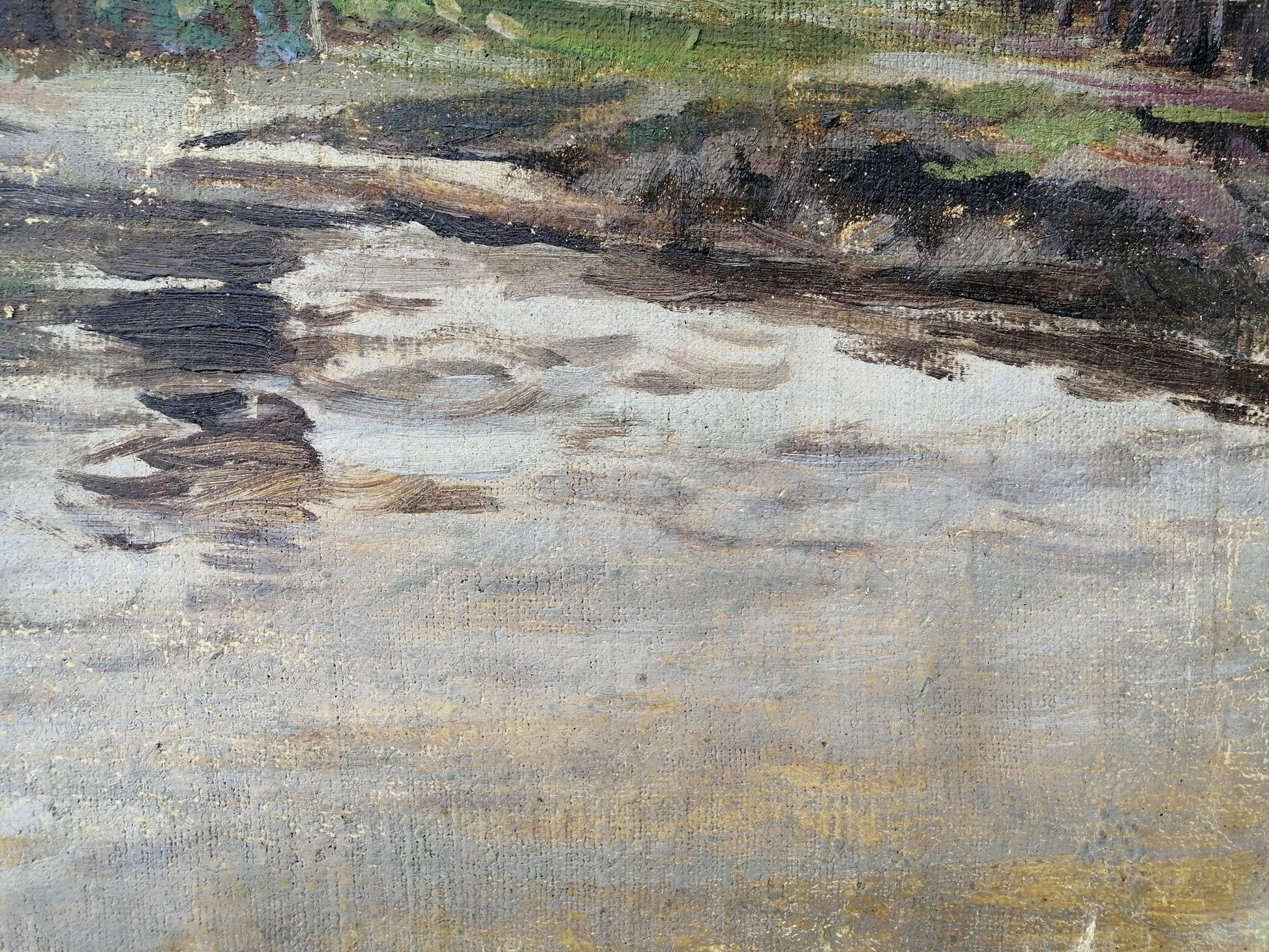 A scene of relaxation by the river depicted in oil by an unidentified artist