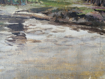 A scene of relaxation by the river depicted in oil by an unidentified artist