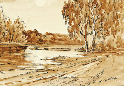 Early morning on the golden beach watercolor painting Choirs Alexander