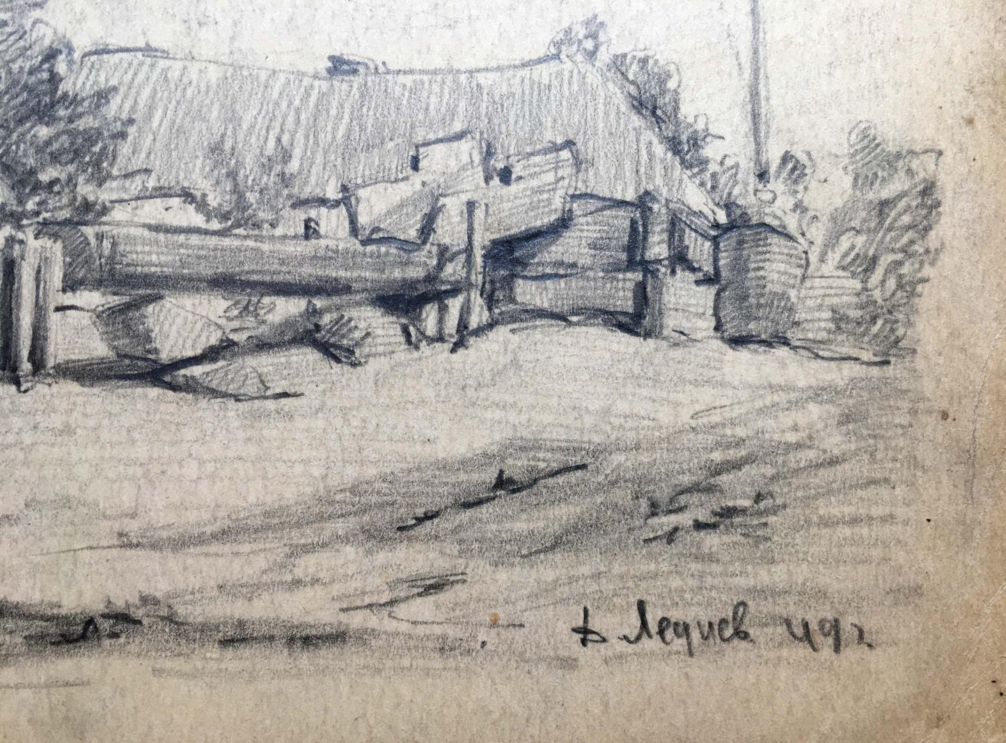 Pencil painting Village landscape Dmitry Lednev