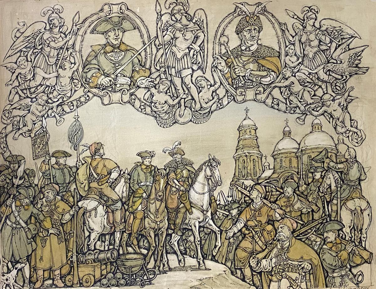 Ink painting Mazepa and Karl XII Oleg Litvinov