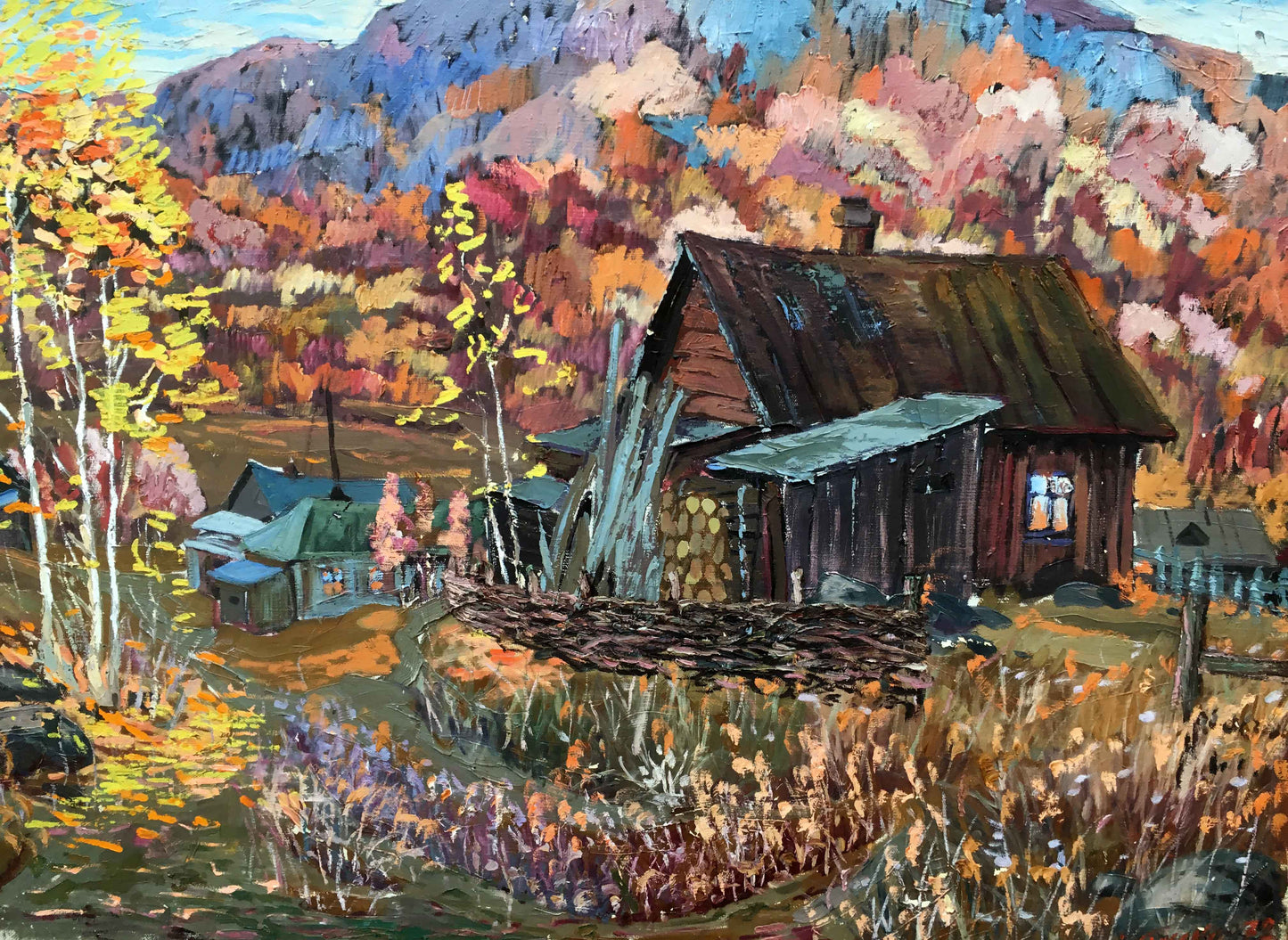 Oil painting Hut in the autumn forest Iv. Geyko