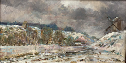 Winter landscape oil painting