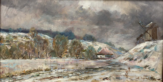Winter landscape oil painting
