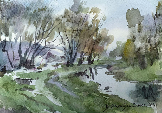 Watercolor painting River in the forest Viktor Mikhailichenko