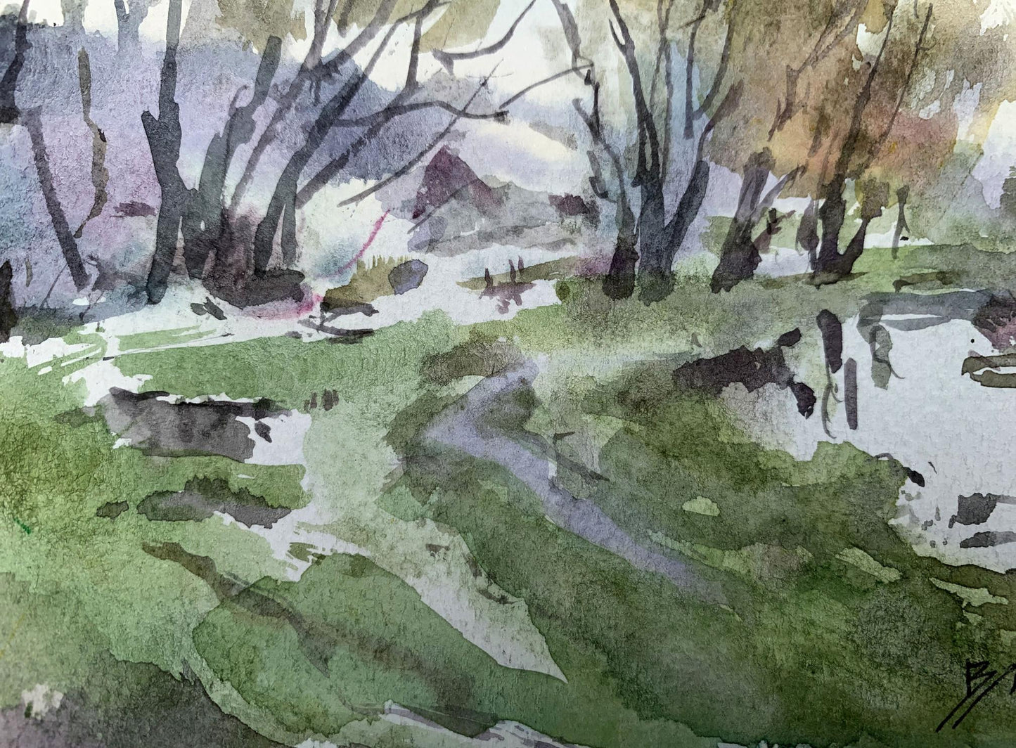 Watercolor painting River in the forest Viktor Mikhailichenko