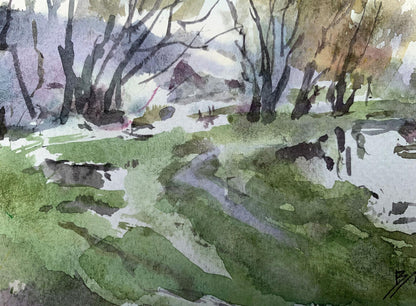 Watercolor painting River in the forest Viktor Mikhailichenko