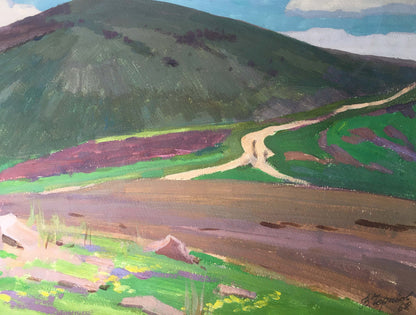 Gouache artwork featuring a "Mountain Landscape" by Vladimir Chernikov