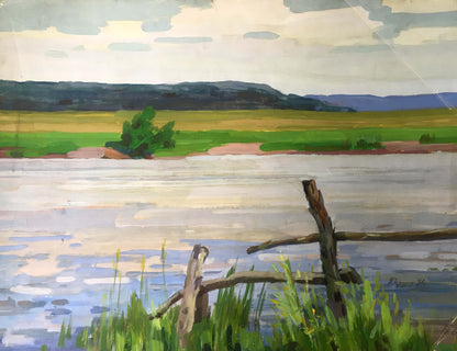 Gouache painting River landscape Vladimir Chernikov