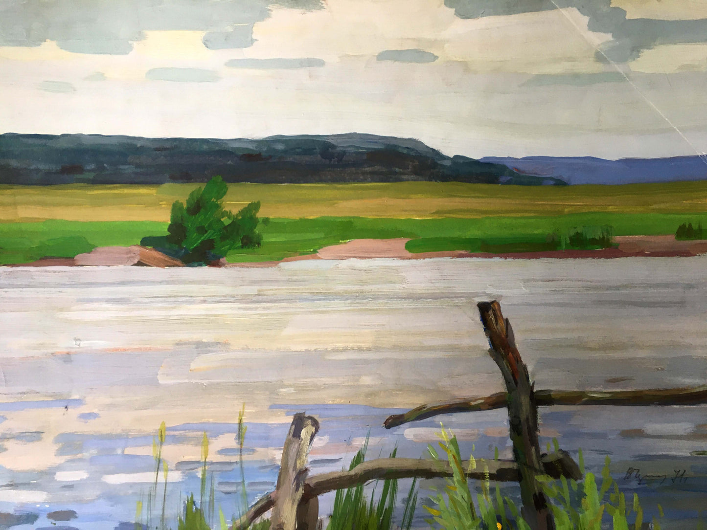 Gouache painting River landscape Vladimir Chernikov