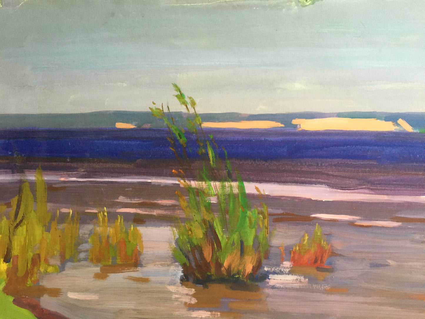 Gouache painting Serene river landscape Vladimir Chernikov