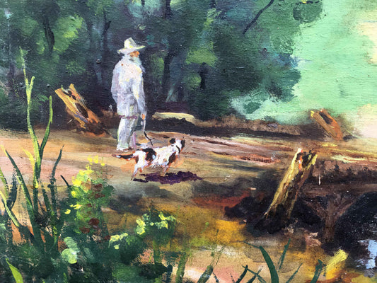 Oil painting grandpa with a dog go along the path