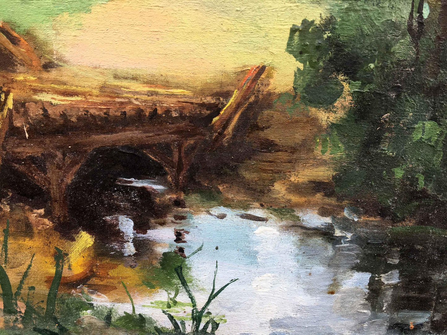 Oil painting grandpa with a dog go along the path