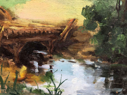 Oil painting grandpa with a dog go along the path