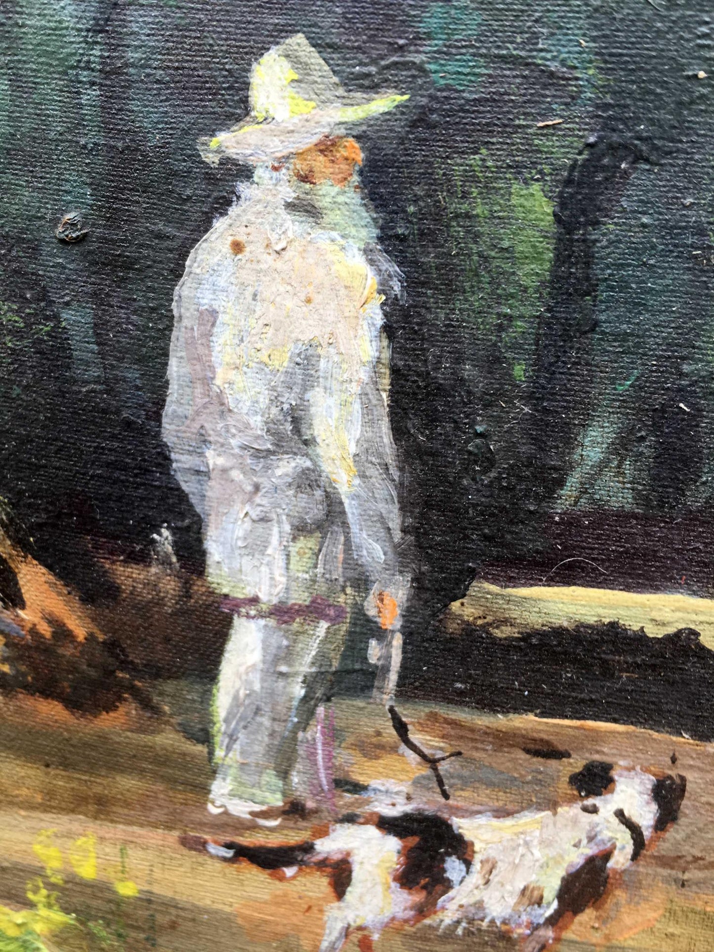 Oil painting grandpa with a dog go along the path