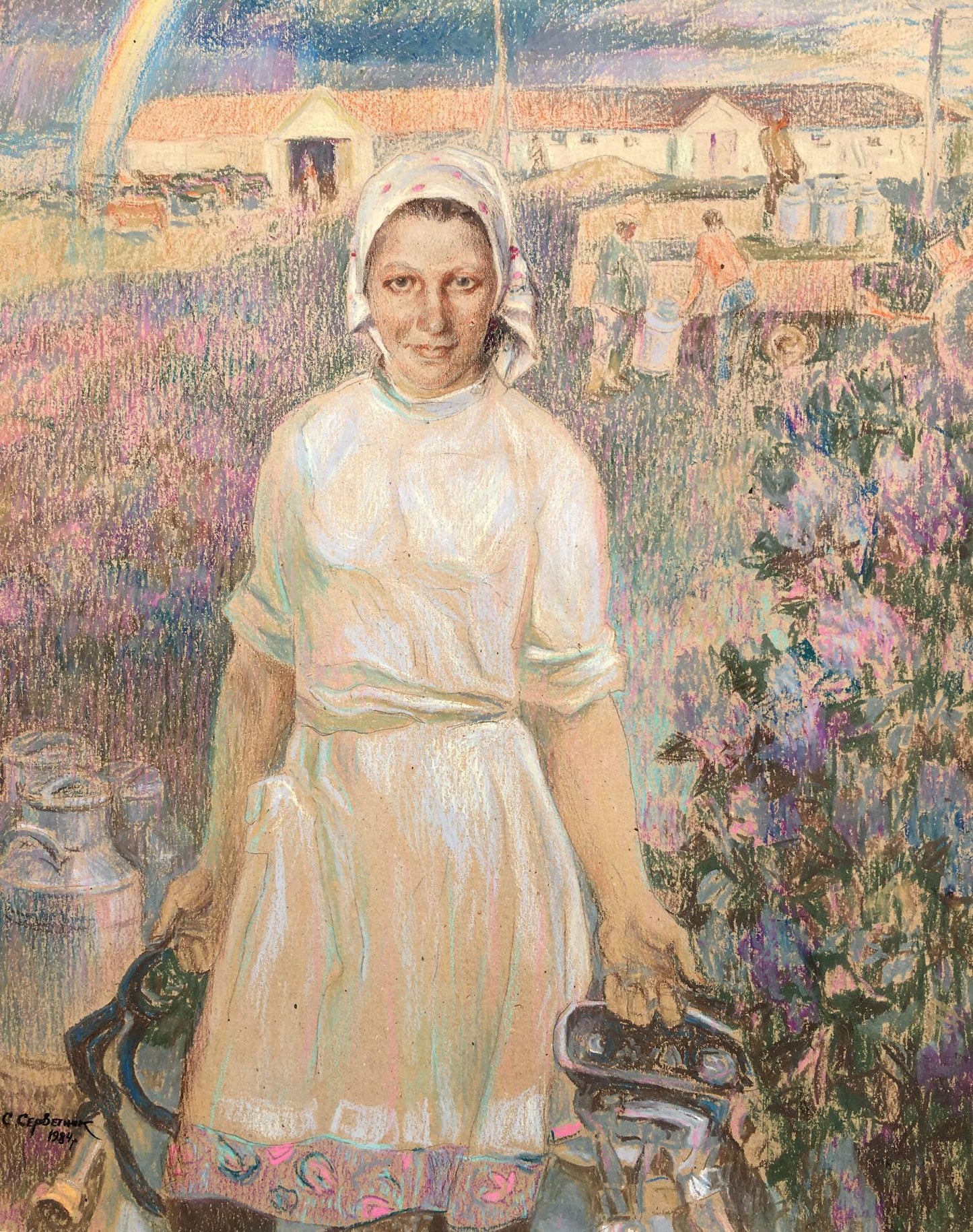 Social realism tempera painting Portrait of a milkmaid Servetnik Stanislav Maryanovich