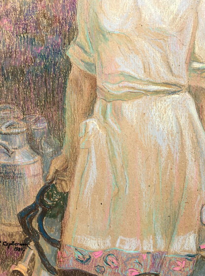 Social realism tempera painting Portrait of a milkmaid Servetnik Stanislav Maryanovich