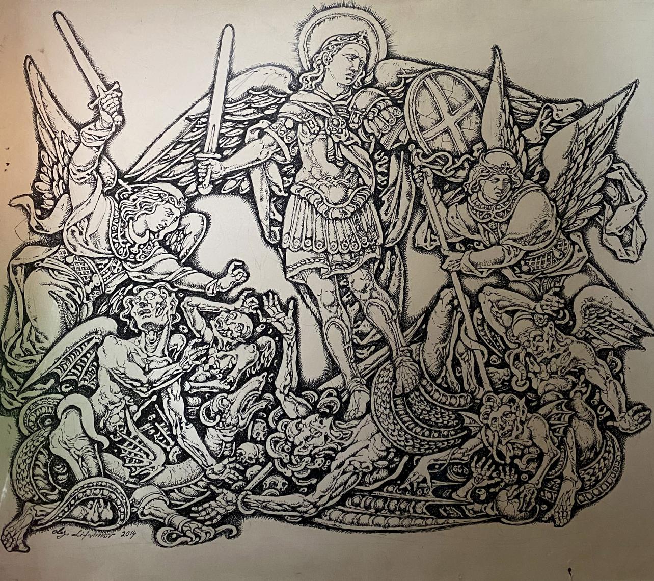 Ink painting Michael the Archangel Litvinov Oleg Arkad'yevich
