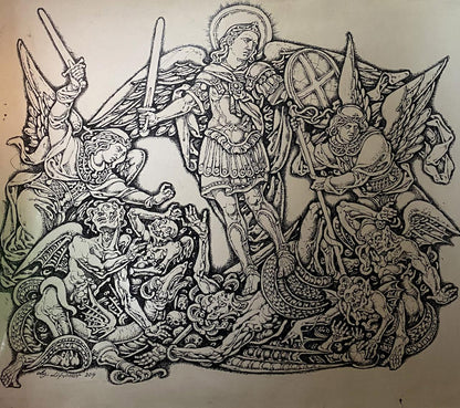 Ink painting Michael the Archangel Litvinov Oleg Arkad'yevich