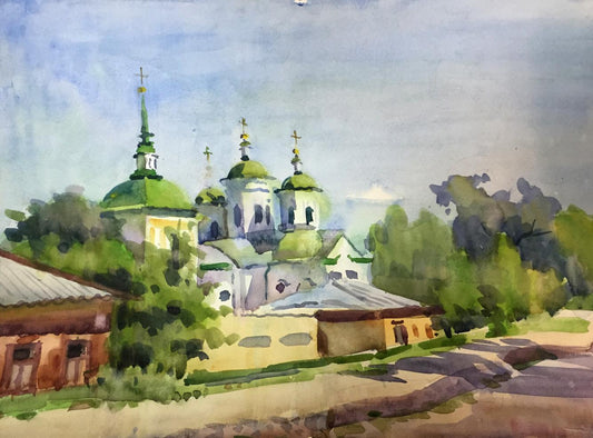 Watercolor painting Summer church bell Viktor Kryzhanivskyi