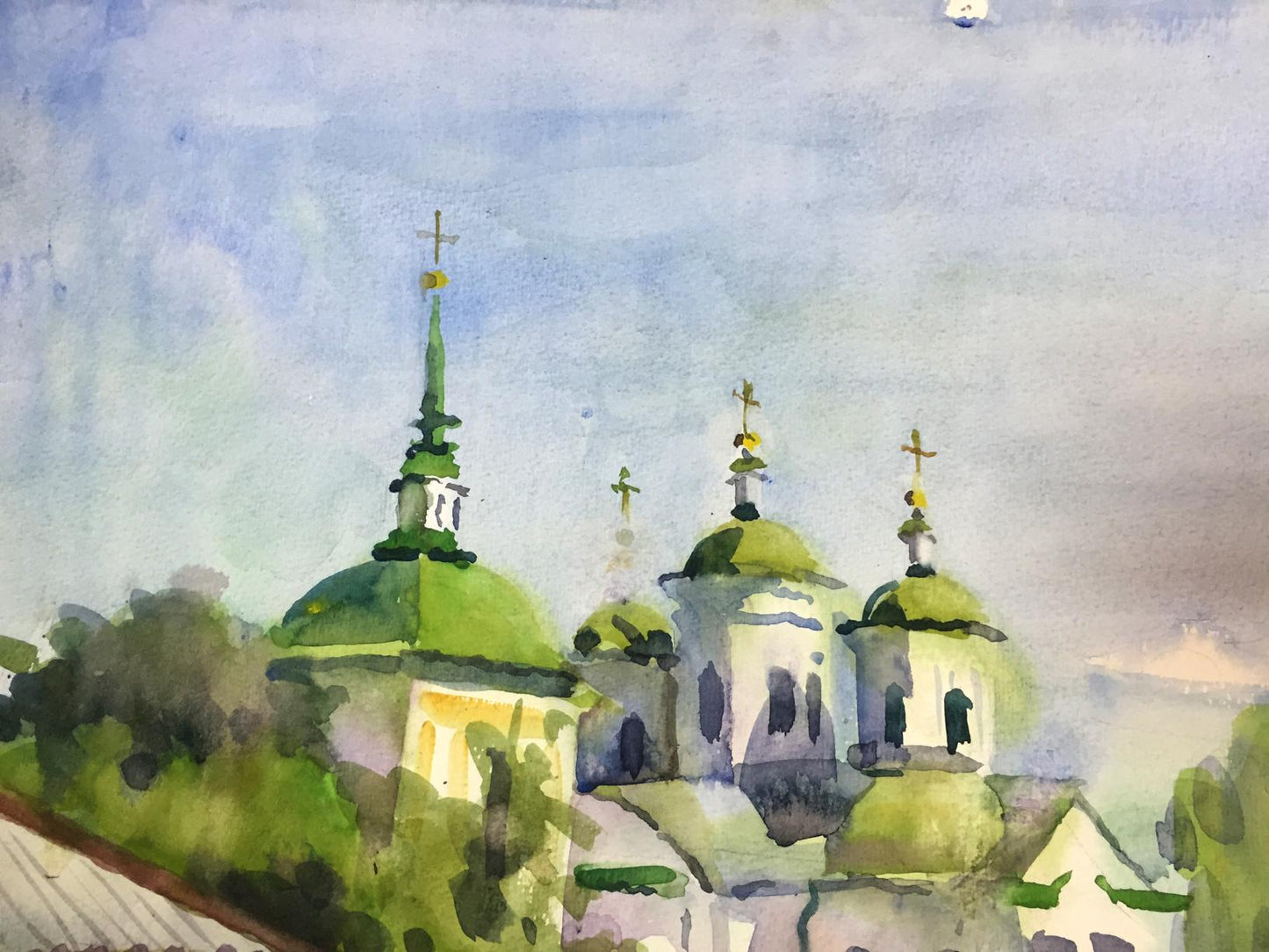 Watercolor painting Summer church bell Viktor Kryzhanivskyi