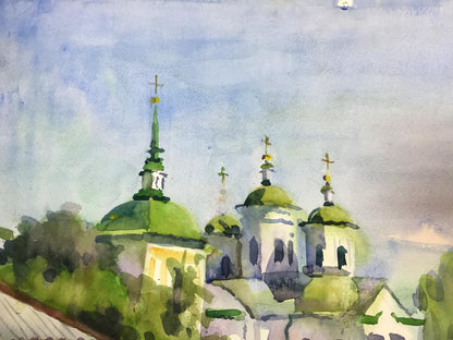 Watercolor painting Summer church bell Viktor Kryzhanivskyi