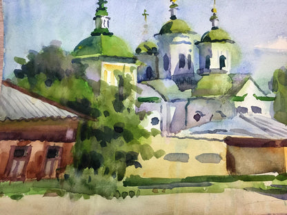 Watercolor painting Summer church bell Viktor Kryzhanivskyi