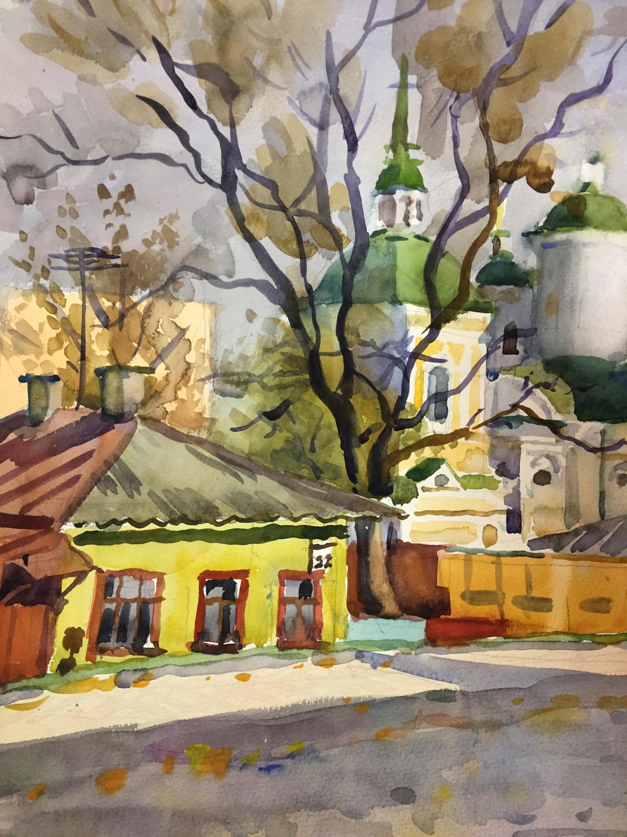 Watercolor painting City center and with church Viktor Kryzhanivskyi