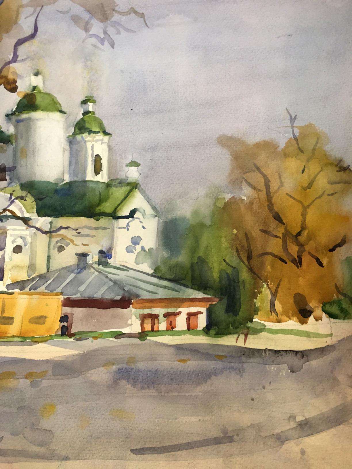 Watercolor painting City center and with church Viktor Kryzhanivskyi