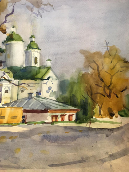 Watercolor painting City center and with church Viktor Kryzhanivskyi