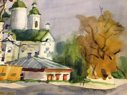 Watercolor painting City center and with church Viktor Kryzhanivskyi