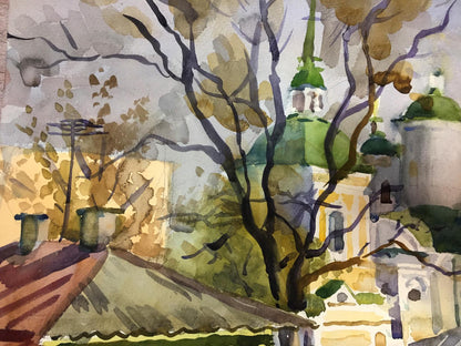 Watercolor painting City center and with church Viktor Kryzhanivskyi