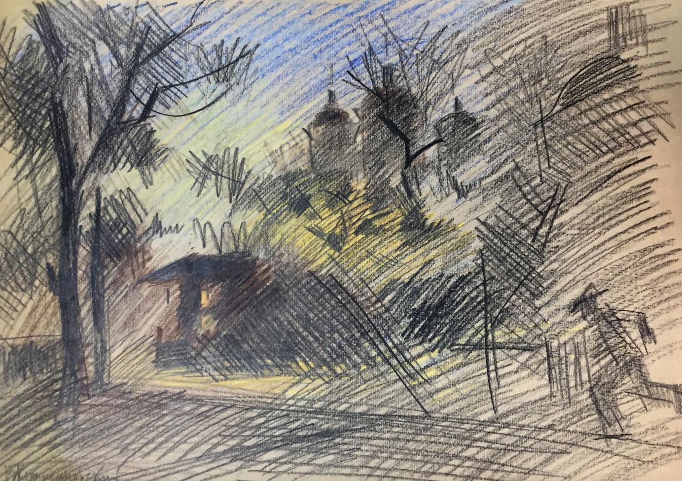 Pencils painting Disturbing evening Kryzhanivskyi Viktor Vladimirovich