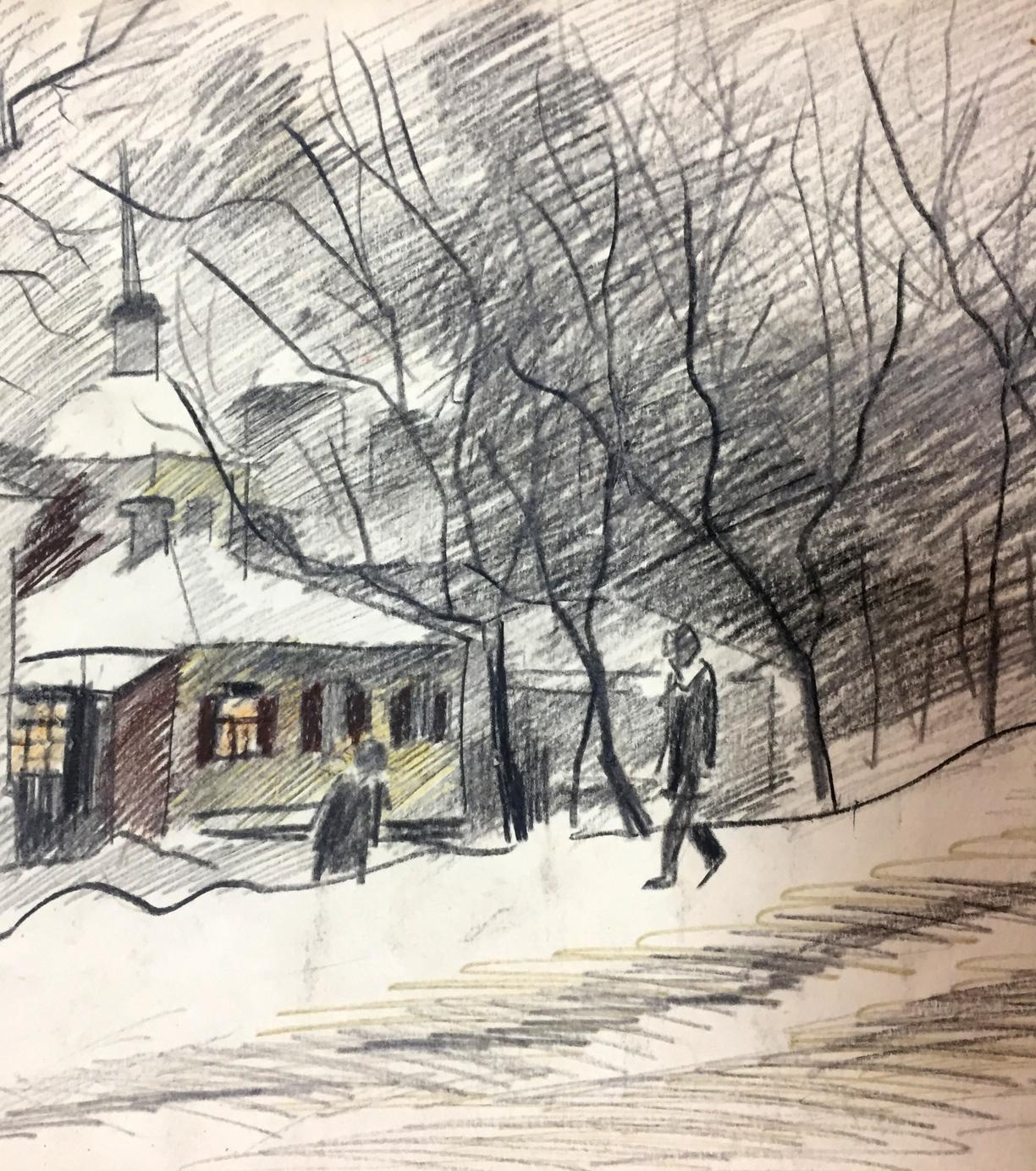 Pencils painting Winter melancholy outside Viktor Kryzhanivskyi