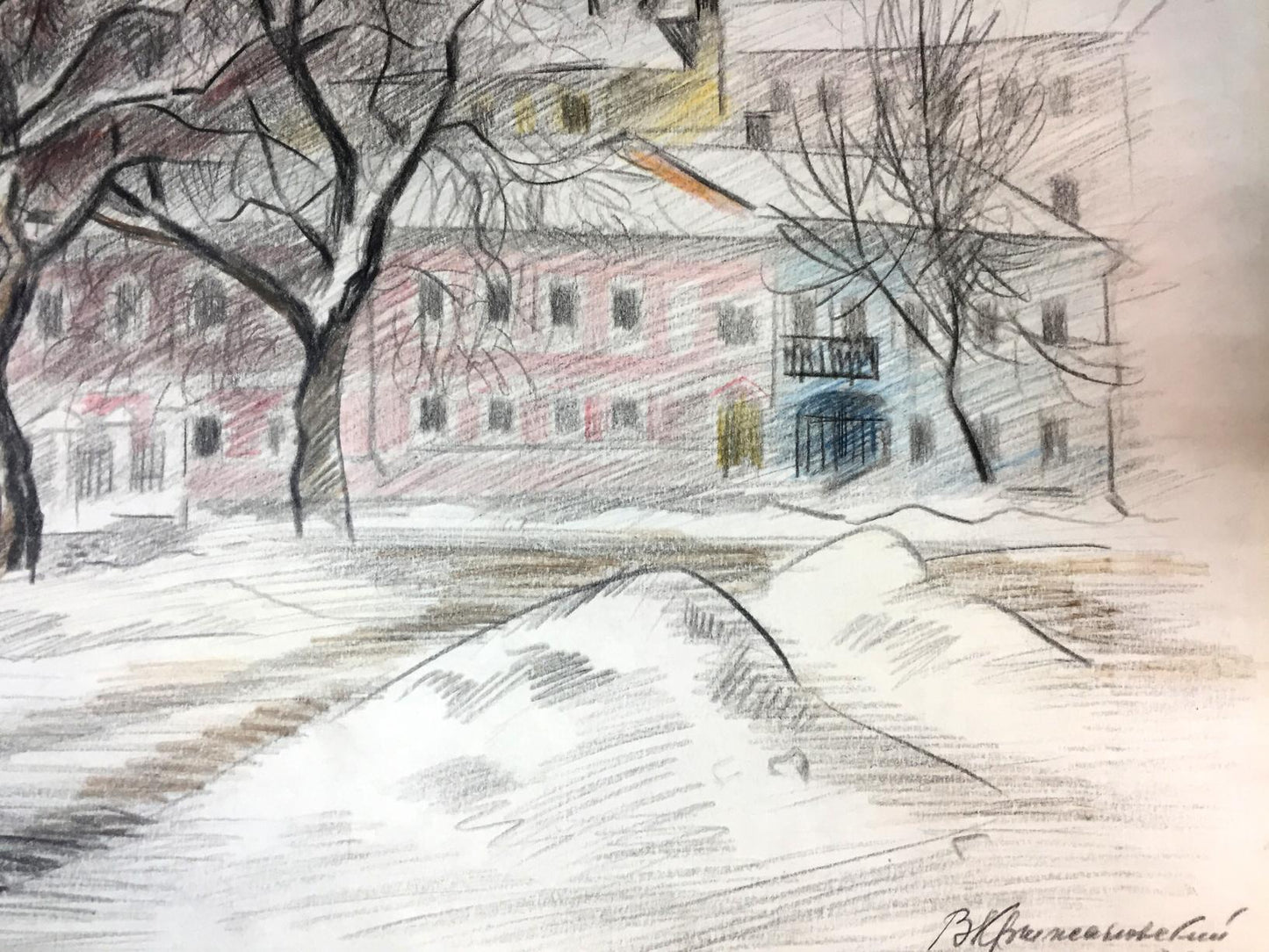 Pencils painting Winter city streets Viktor Kryzhanivskyi