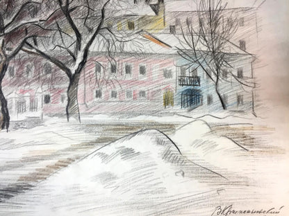 Pencils painting Winter city streets Viktor Kryzhanivskyi