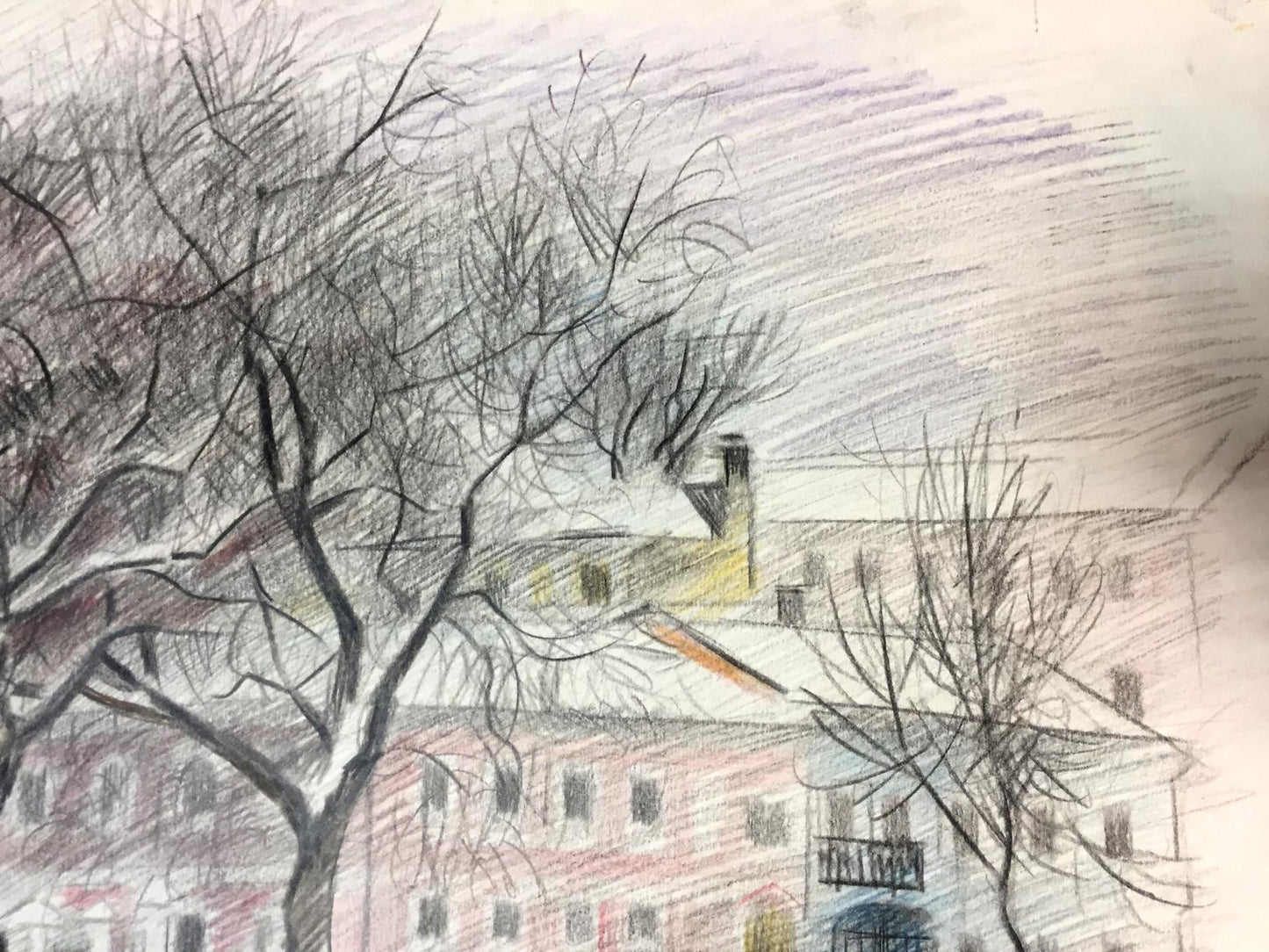 Pencils painting Winter city streets Viktor Kryzhanivskyi