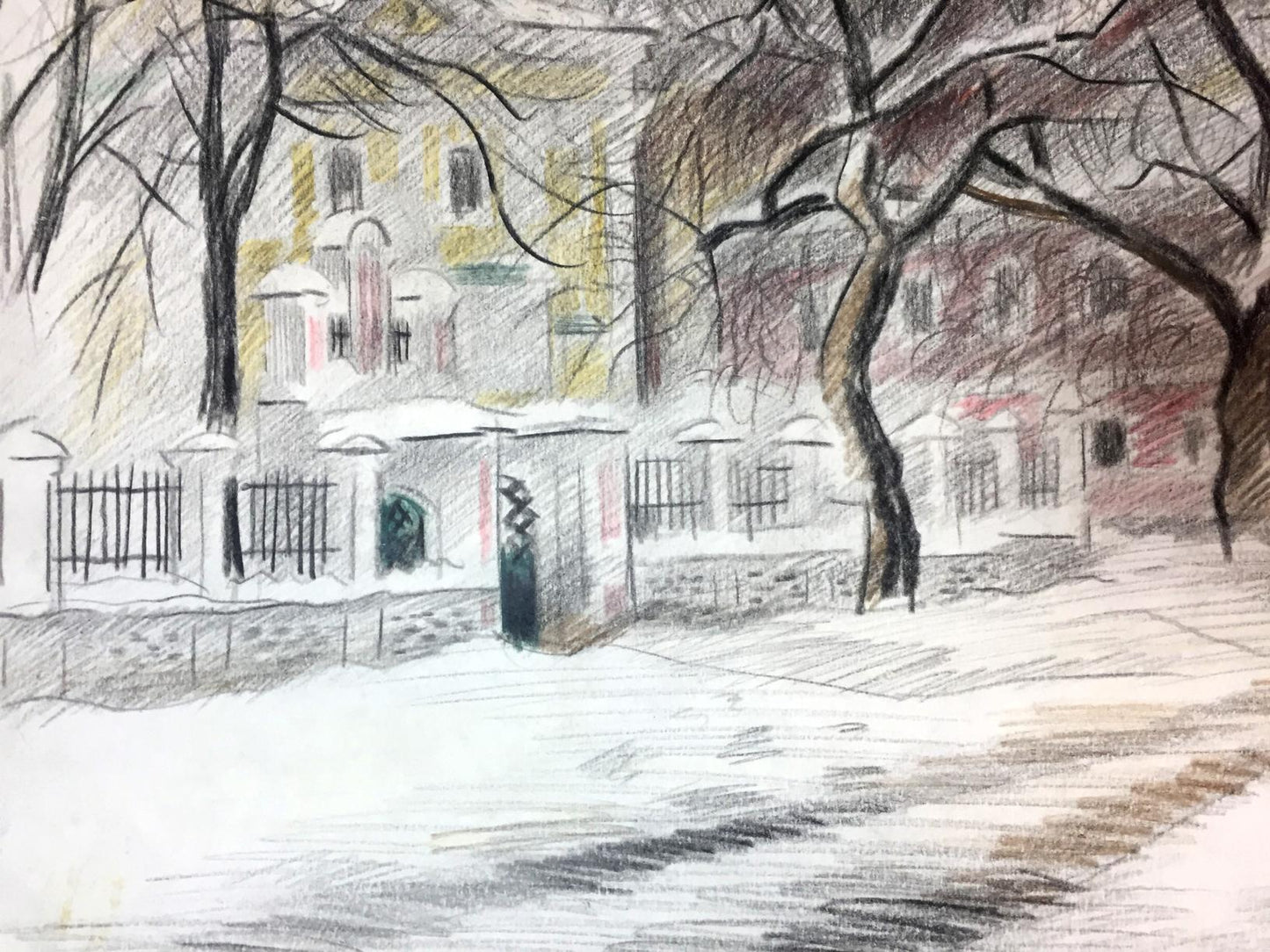 Pencils painting Winter city streets Viktor Kryzhanivskyi