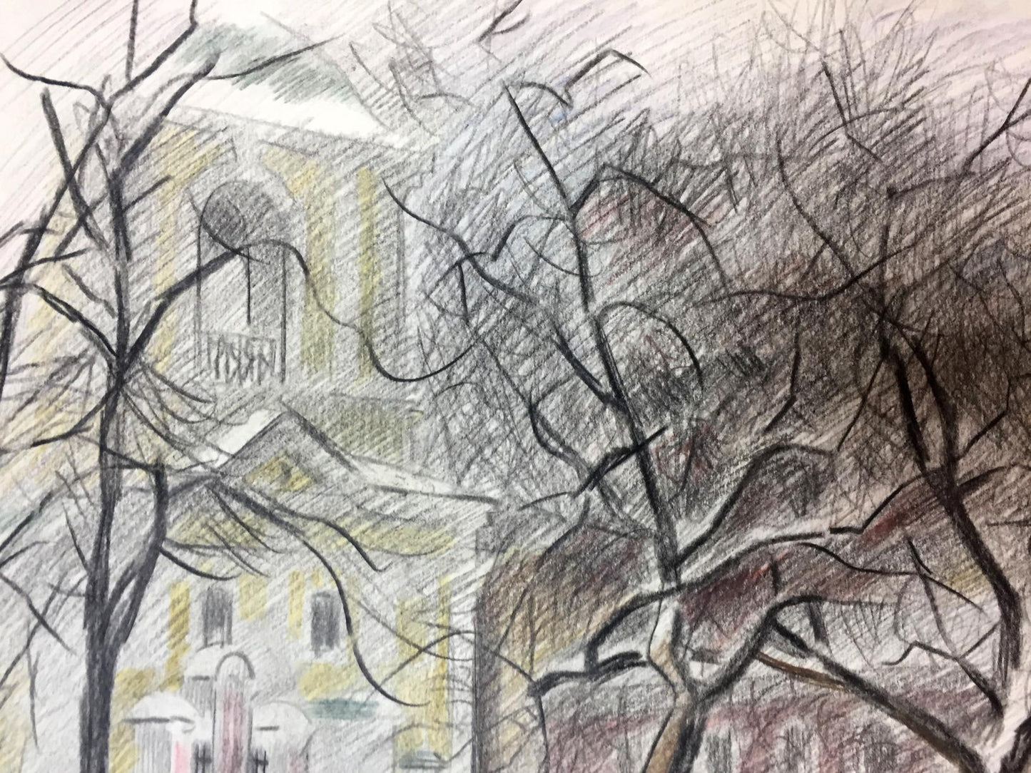 Pencils painting Winter city streets Viktor Kryzhanivskyi
