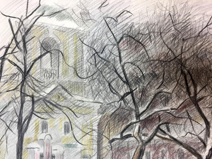 Pencils painting Winter city streets Viktor Kryzhanivskyi