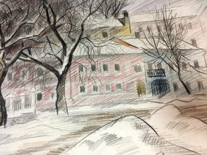 Pencils painting Winter city streets Viktor Kryzhanivskyi