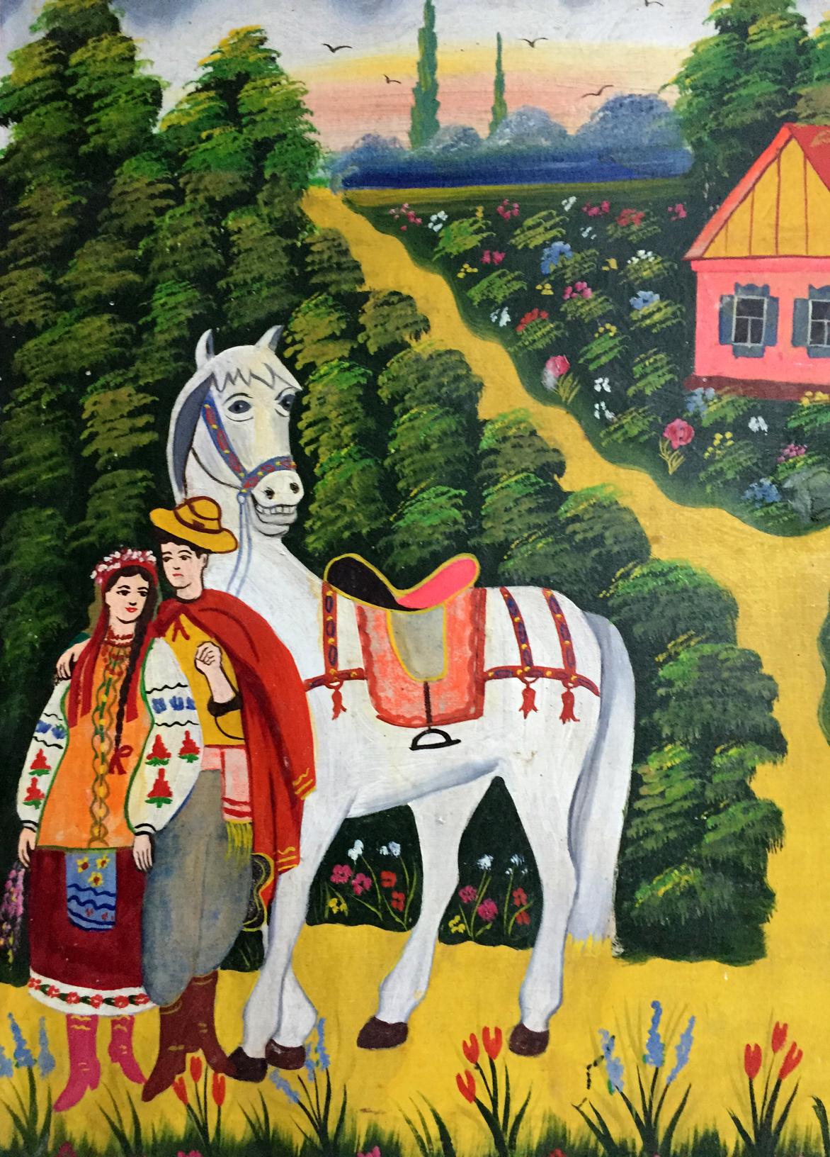 Oil painting Ukrainian naive Mother with a rolling pin