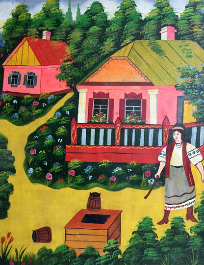 Oil painting Ukrainian naive Mother with a rolling pin