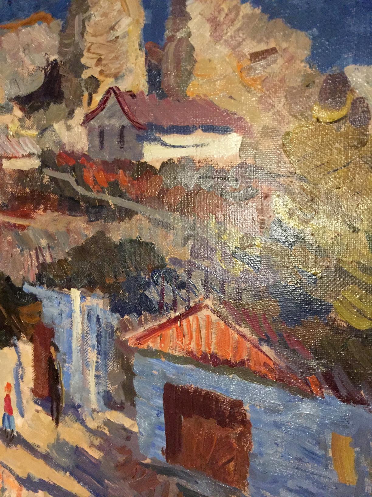 Oil painting Autumn houses on the hill Sergeev Nina